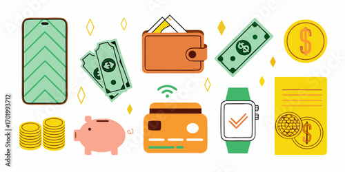 Illustration of various financial elements including a smartphone wallet cash coins piggy bank credit card smartwatch and receipt