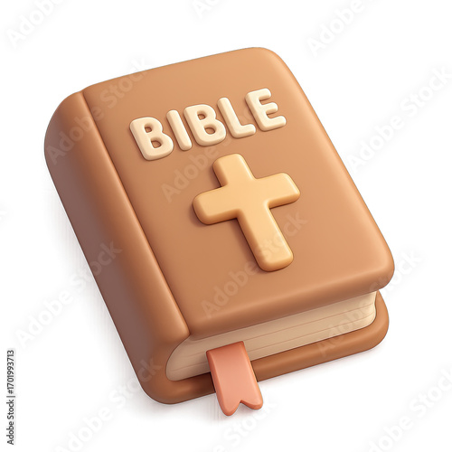 Cute 3D Cartoon Bible Icon with Cross and Bookmark, a Stylized Digital Art Representation of the Holy Book for Christian Faith, Spirituality, Religious Education, and Devotional Study Materials. Perfe