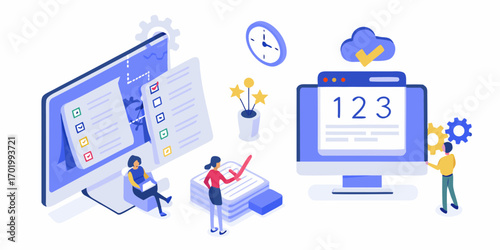 Illustrating the process of project management and task completion with digital tools and teamwork
