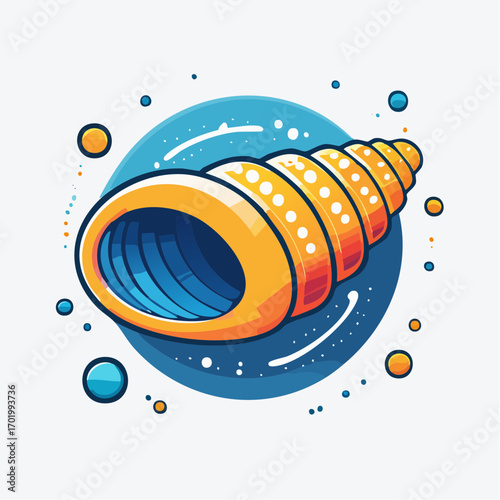 Pixel Art Seashell in Blue and Orange on Cosmic Background