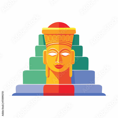 Golden Buddha Face on Multicolored Stepped Platform