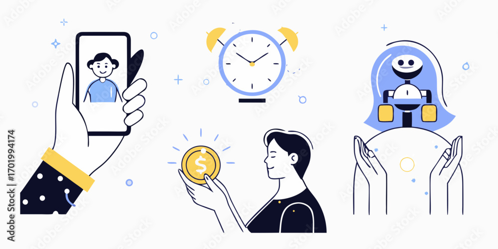 Fototapeta premium Modern illustration of financial concepts including online communication time management and artificial intelligence in finance