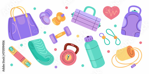 Collection of colorful flat design fitness equipment and accessories for a healthy lifestyle