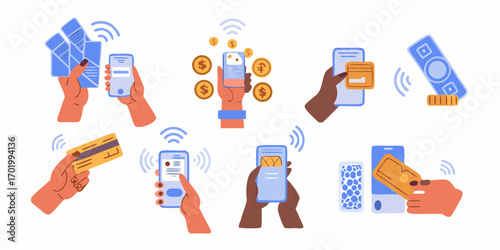 Collection of hands holding smartphones and credit cards for contactless payment and mobile transactions