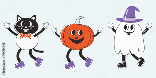 Cute cartoon black cat pumpkin and ghost characters dancing together for halloween