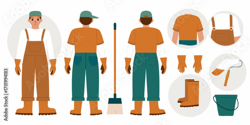 Gardener or cleaner character design with tools and clothing elements