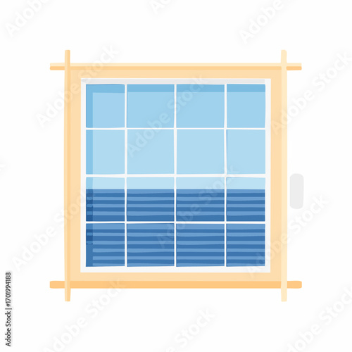 Modern Wooden Window With Blue Venetian Blinds Covering Bottom Half