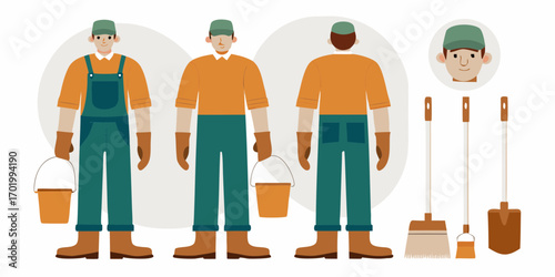 Gardener or handyman character with tools and equipment for outdoor work