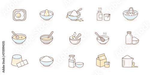 Collection of cute flat design icons representing cooking and baking ingredients and processes