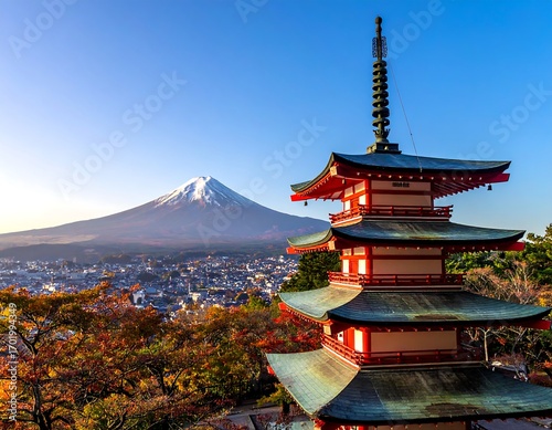 Autumn vista of Japanese pagoda and Mount Fuji