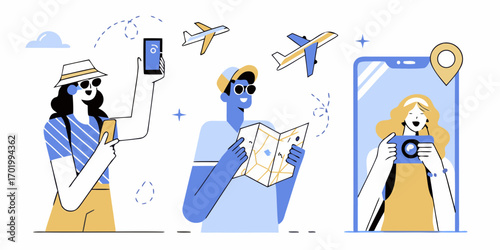 Diverse group of travelers planning their vacation using maps and smartphones with airplanes in the background