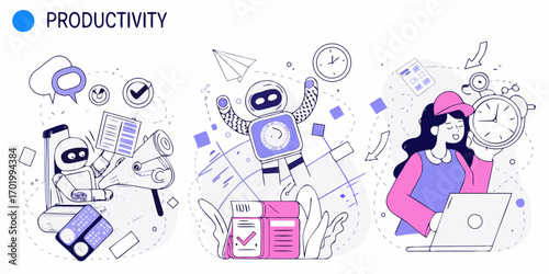 Robots and people working efficiently together to achieve productivity and time management goals