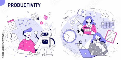 Modern illustration of people and a robot working together to achieve productivity and efficiency