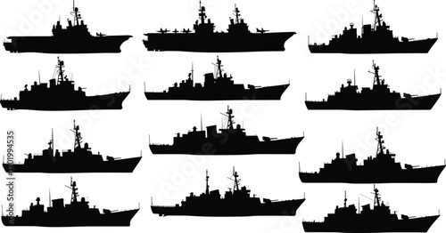 Military navy warship silhouettes set, battleship vector illustration, combat fleet ships collection, ocean defense vessels, naval warfare graphic design, marine