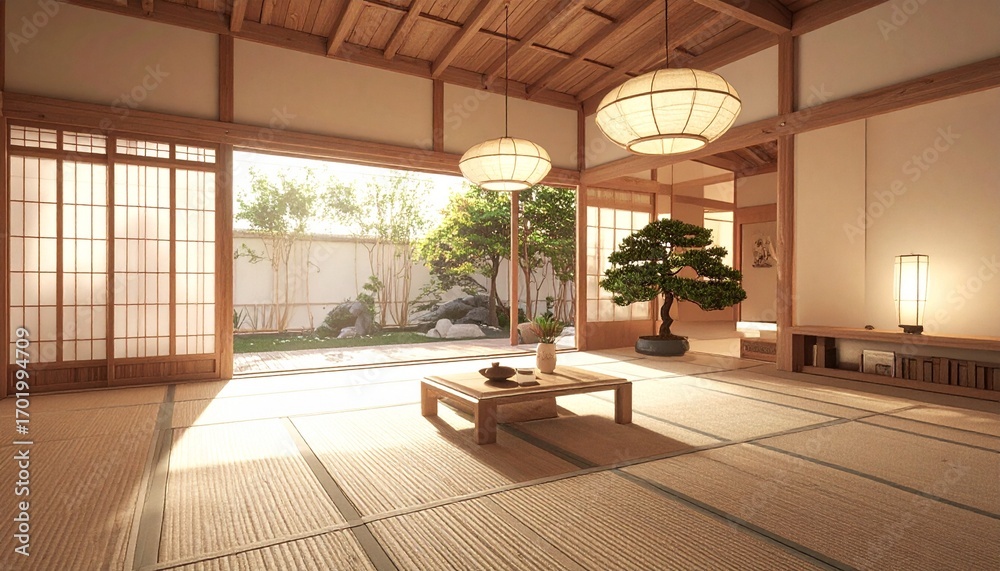 Obraz premium Serene Japanese style room with tatami mats and a view of a tranquil Zen garden