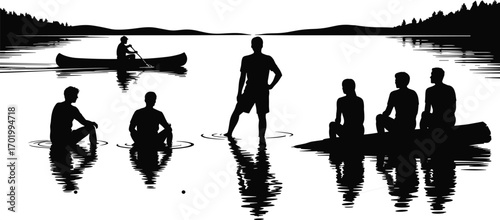 Lake camping silhouette, people swimming, canoe paddling, sunset reflection, summer outdoor adventure, nature trip, fishing, wilderness travel illustration