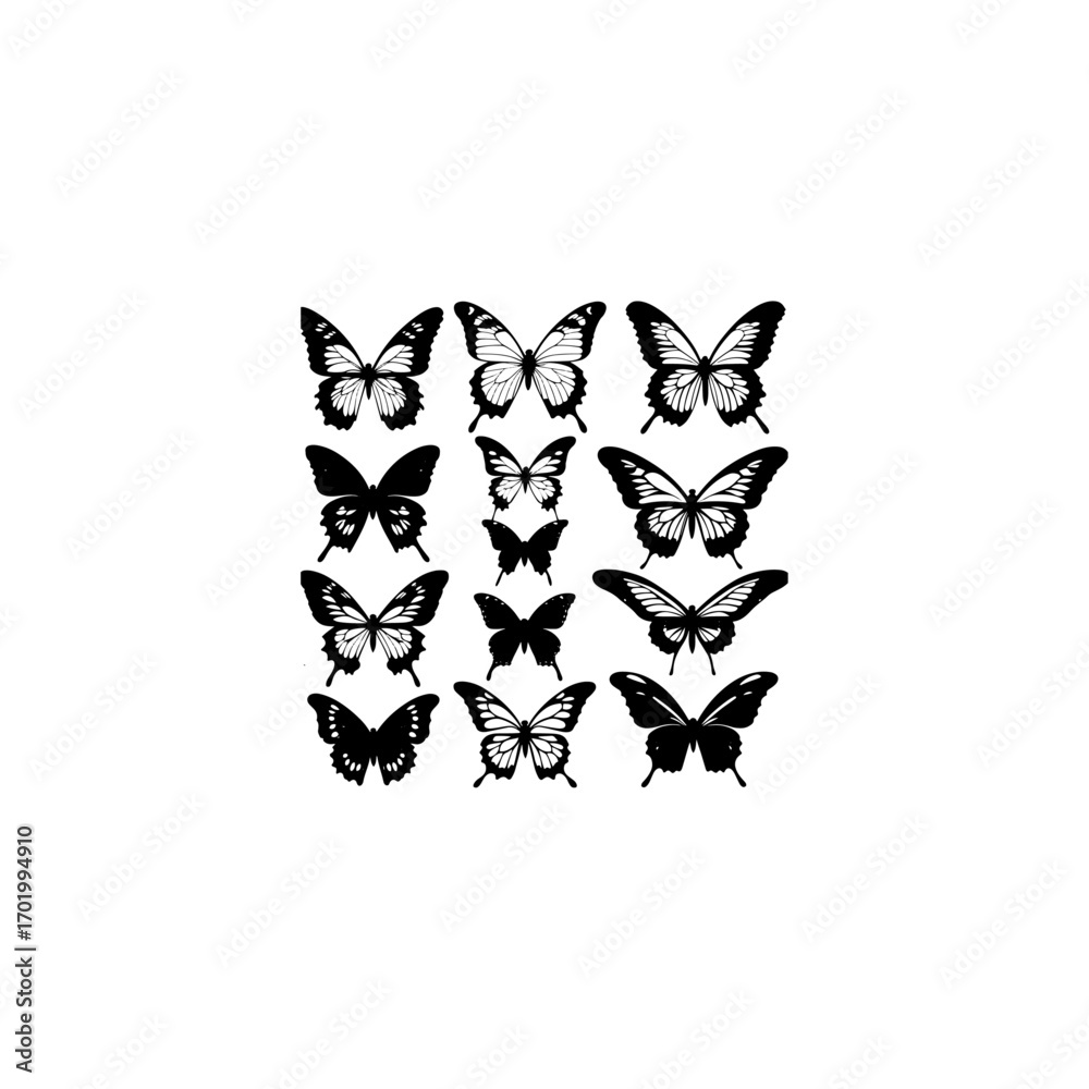 Fototapeta premium Butterfly set silhouette. butterfly vector illustration isolated on white background. beautiful and attractive butterfly logo. butterfly silhouette