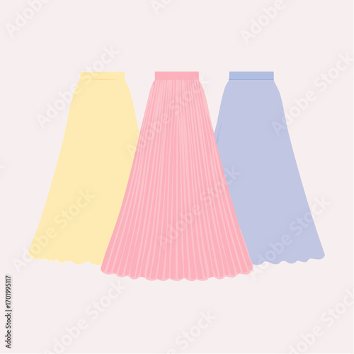 Three Long Pastel Pleated Skirts on Pink Background