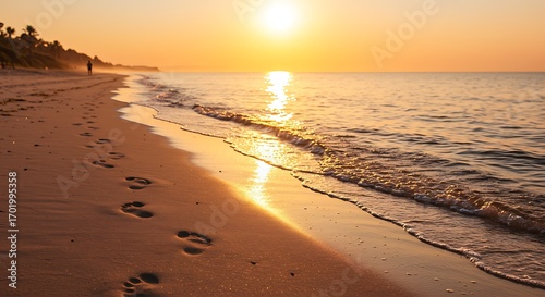 Wallpaper Mural Golden sunset over the ocean, warm waves touching the shore, footprints leading into the glowing horizon, peaceful beach atmosphere. Torontodigital.ca