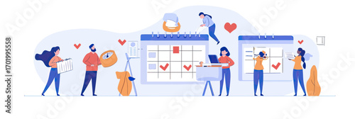 Team collaboration scheduling planning calendar checklist task management business organization workflow productivity flat vector illustration