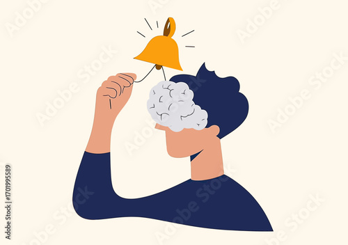 Man ringing yellow bell inside brain illustration symbolizing self awareness consciousness mindfulness mental alertness concept flat vector