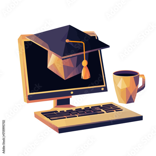 Abstract polygonal computer monitor with graduation cap on screen and coffee cup illustrating online education and e learning concept in flat minimalist style vector illustration