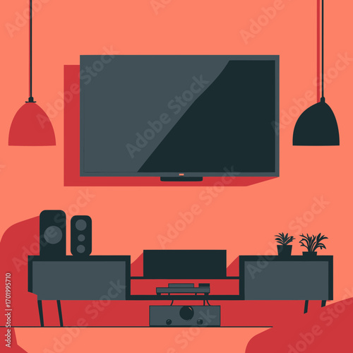 Minimalist home entertainment setup with flat screen TV, speakers, media console, and modern pendant lights in warm interior design