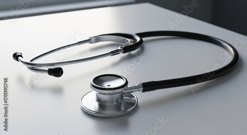 Sleek Stethoscope Resting Gently on White Surface, Minimalist Medical Scene