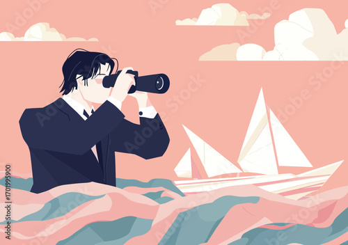 Businessman with binoculars observing paper sailboats on abstract waves concept of vision strategy exploration and future planning in minimalist vector style