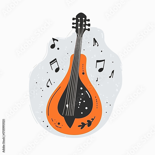 Mandolin string instrument flat minimalist vector illustration with orange body black fretboard and surrounding musical notes creative music concept design