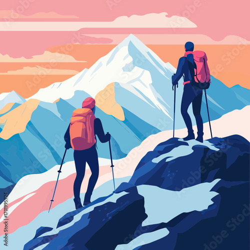 Couple hikers with backpacks trekking snowy mountain peak using walking poles during colorful sunset outdoor adventure landscape illustration
