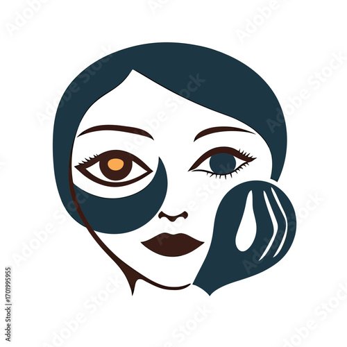 Minimalist vector illustration of female face with dark eye patch and hand near cheek in flat design style for skin care or relaxation concept