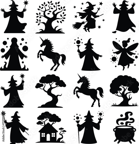 Magical fantasy silhouette collection, wizard casting spells, flying witch on broom, fairy with wings, unicorn, enchanted tree, magical potion cauldron