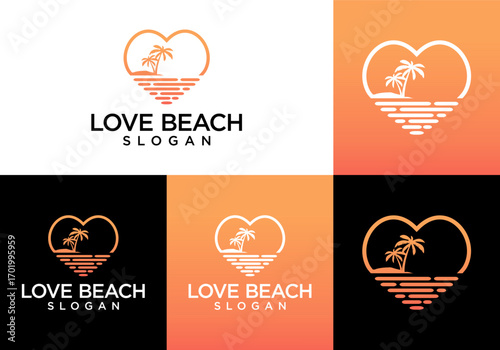 vector heart logo icon with sea and island with coconut tree