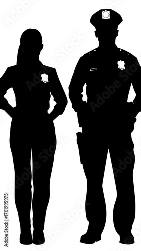 Silhouette of male and female police officers standing side by side in uniform with badges and hats isolated on white background vector illustration