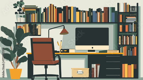 Minimalist home office workspace with computer desk, ergonomic chair, extensive bookshelf, potted plants, and organized storage in flat vector style