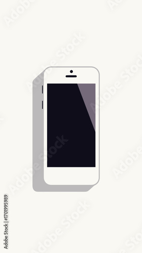 Minimalist flat vector illustration of white smartphone with blank black screen casting shadow on light background technology device digital communication gadget modern electronic