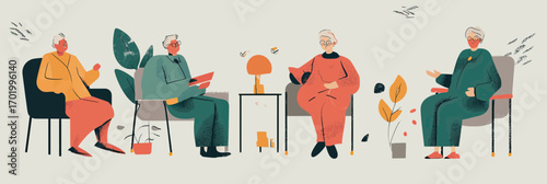 Elderly people sitting and socializing in minimalist indoor setting with plants and modern furniture flat vector illustration