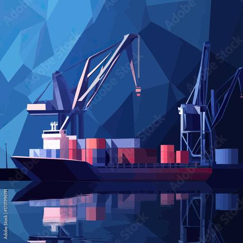 Low poly container ship docked at port with cranes lifting cargo containers in blue abstract geometric style digital illustration