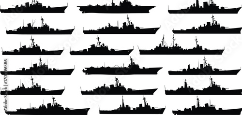 Military warship silhouettes collection, navy fleet vessel vector illustration, combat ship graphic set, ocean defense marine design, naval army artwork