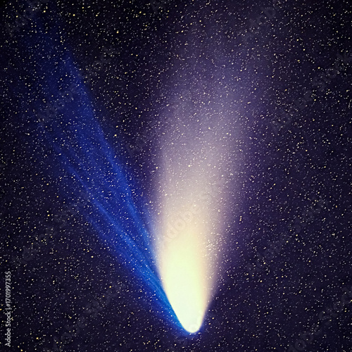 Comet Hale-Bopp In Deep Space With Bright Tail And Stellar Background, Celestial Spectacle Featuring Glowing Nucleus And Cosmic Dust In Starry Cosmos.