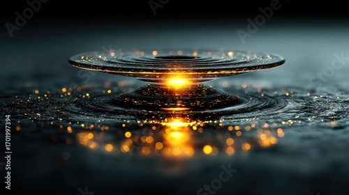A spinning top, perfectly balanced and glowing, creating concentric rings of light on the surface below it, business momentum and stability concept