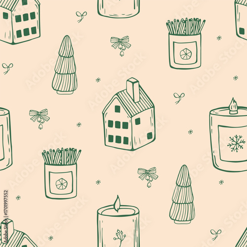 Whimsical Christmas seamless pattern with candle and christmas tree. Vector linear hand drawn wrapping paper