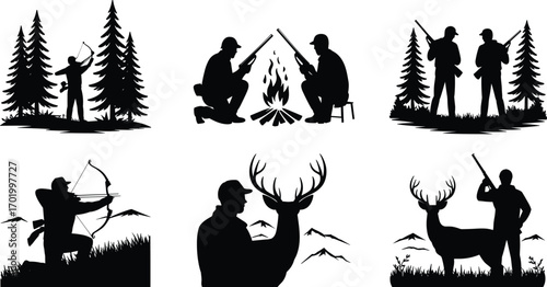 Outdoor hunting silhouettes, hunters with rifles and bows, campfire, deer wildlife, forest adventure, hunting season, mountain landscape, nature exploration