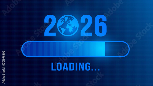blue color technology concepts 2026 progress loading bar background or banner design template. Happy new year wish loading bar banner design. greeting and new year 2026 celebration banner with loading