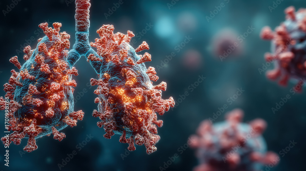 Fototapeta premium Detailed microscopic view of virus particles and bacteria highlighting infection spread, disease transmission, immune response, and scientific research in healthcare and microbiology