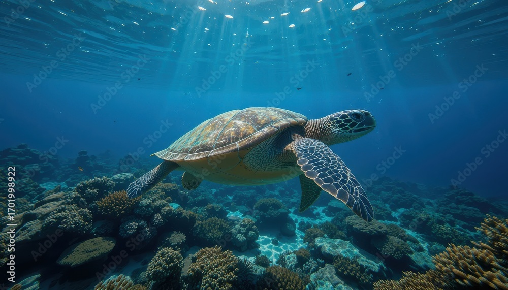 Fototapeta premium Oceanic Serenity: The image showcases an elegant sea turtle gracefully gliding through the turquoise depths of the ocean, near a vibrant coral reef, basking in the sun's filtered rays.