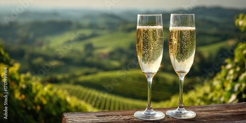 Two glasses of champagne and wine with grapes against vineyards in Aisne, France, overlooking rows of grapevines, rolling hills, and clear blue summer sky, perfect for wine concept