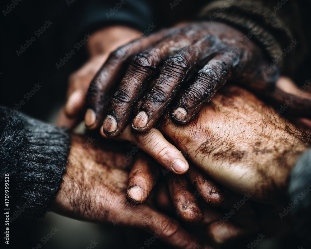 Fototapeta premium Closeup Stacked Dirty Hands Showing Unity