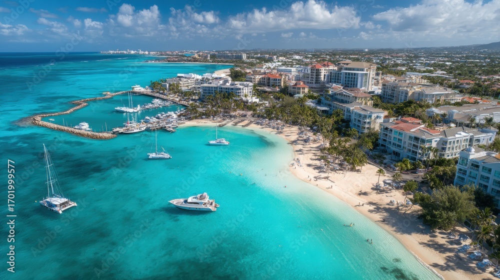 Obraz premium Luxury Caribbean Beach Resort Aerial View: Turquoise Water, White Sand and Yachts